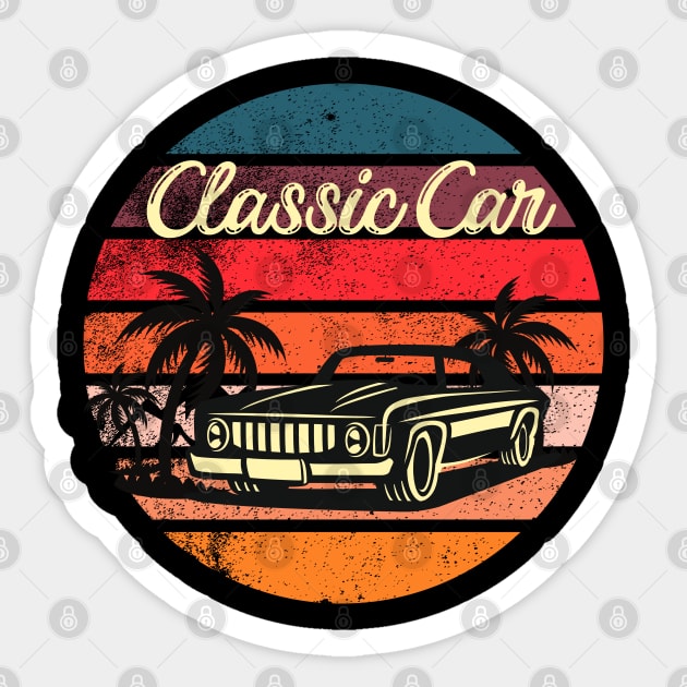 Retro car merch classic car retro  vintage aesthetic sunset circle with palms and mountains Sticker by Maroon55